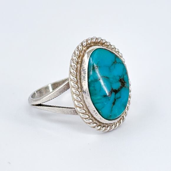 Vintage Southwest Sterling Silver 925 Rope Frame Turquoise Ring Size 6 - Picture 4 of 9